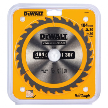 Диск пильный по дереву DeWalt CONSTRUCTION DT1942 184х30мм 30T